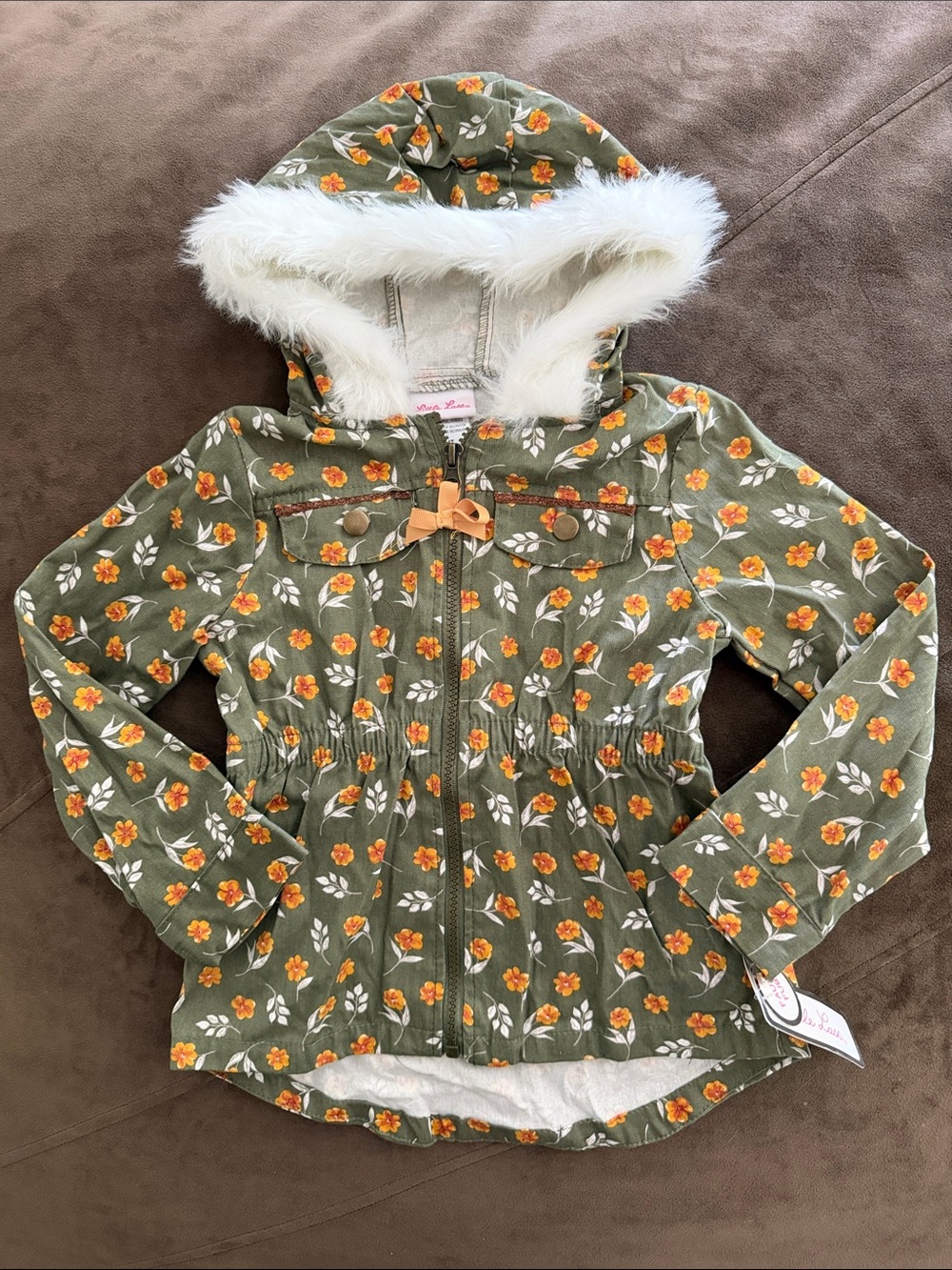 Little Lass Olive Green Floral Hooded Jacket with White Faux Fur Trim